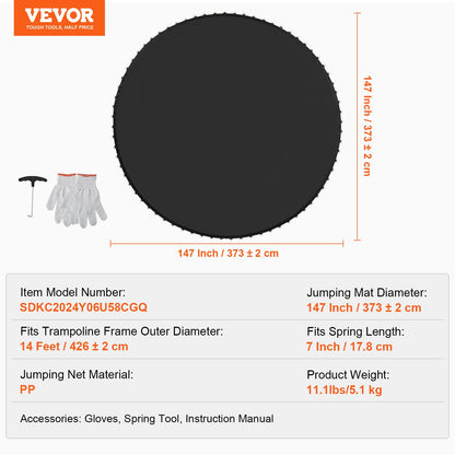 Replacement Trampoline Mat, Jumping Mat Fits 14ft Frame, Universal Jumping Mat for 14ft Round Trampoline, Reinforce UV-Resistant Mat with Spring Tool & Durable V-Rings, Fit 7" Spring Length