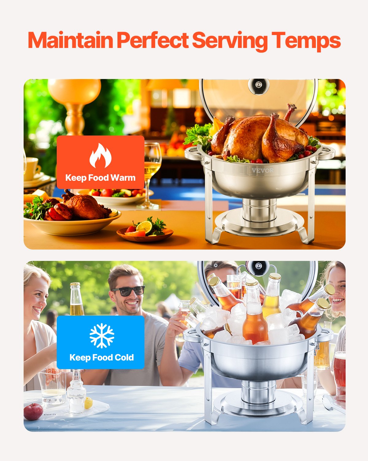 Varmfatbufféset, 5 liter 2-pack, varmfat i rostfritt stål med 2 fullstora pannor, rund cateringvärmare med glaslock, vattenpanna, hopfällbart stativ, bränslehållare, för bröllopsfest, bankett, silver