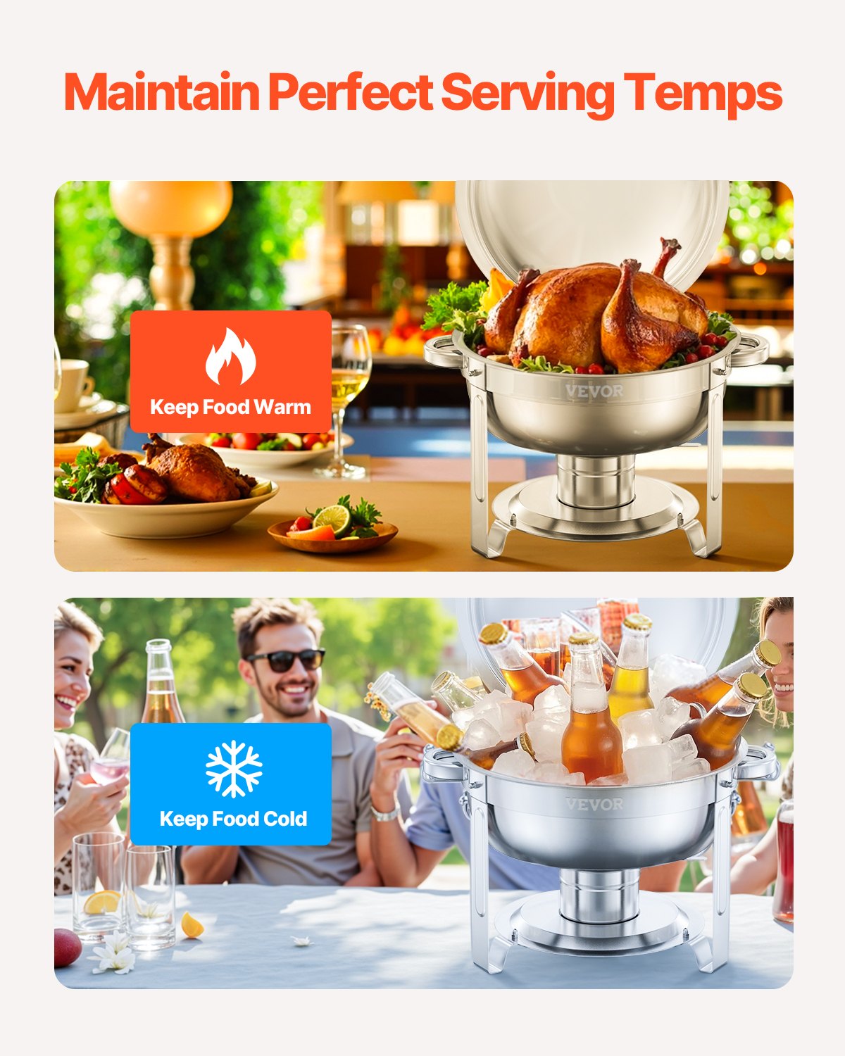 Varmfatbufféset, 5 liter 2-pack, varmfat i rostfritt stål med 2 fullstora stekpannor, rund cateringvärmare med lock, vattenpanna, hopfällbart stativ, för bröllop, fester, banketter, silver