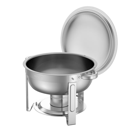 Varmfatbufféset, 5 liter 2-pack, varmfat i rostfritt stål med 2 fullstora stekpannor, rund cateringvärmare med lock, vattenpanna, hopfällbart stativ, för bröllop, fester, banketter, silver