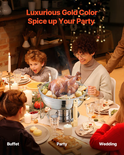 Varmdiskbufféset, 5 liter, 4-pack, rostfritt stålvärmare med 4 fullstora kastruller, rund cateringvärmare med lock, vattenpanna, hopfällbart stativ, för bröllop, fester, banketter, guld