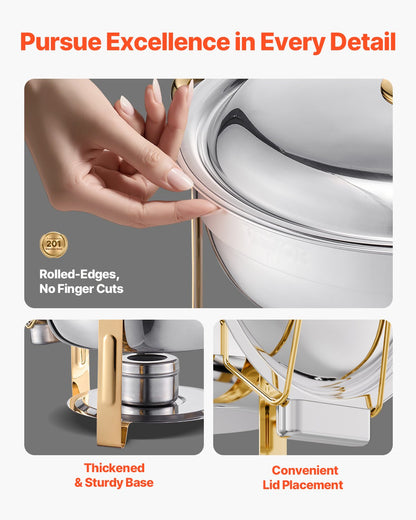 Varmdiskbufféset, 5 liter, 4-pack, rostfritt stålvärmare med 4 fullstora kastruller, rund cateringvärmare med lock, vattenpanna, hopfällbart stativ, för bröllop, fester, banketter, guld