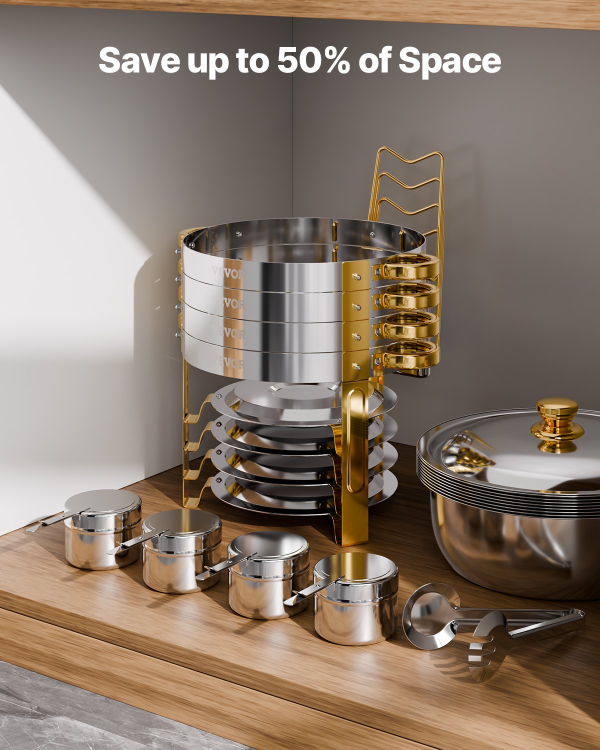 Varmdiskbufféset, 5 liter, 4-pack, rostfritt stålvärmare med 4 fullstora kastruller, rund cateringvärmare med lock, vattenpanna, hopfällbart stativ, för bröllop, fester, banketter, guld