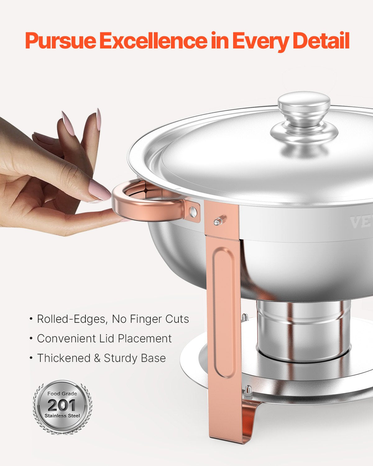 Varmfatbufféset, 5 liter, 4-pack, rostfritt stålvärmare med 4 fullstora kastruller, rund cateringvärmare med lock, vattenpanna, hopfällbart stativ, för bröllop, fester, banketter, roséguld