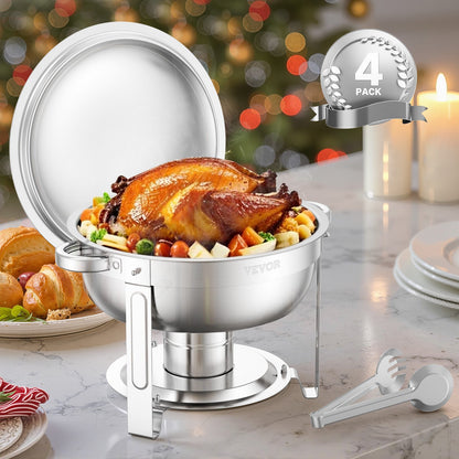Varmdiskbufféset, 5 liter, 4-pack, rostfritt stålvärmare med 4 fullstora kastruller, rund cateringvärmare med lock, vattenpanna, hopfällbart stativ, för bröllop, fester, banketter, silver