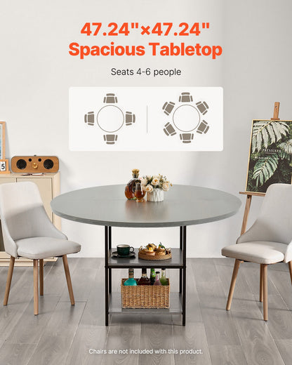 Round Dining Table, 47 inch Wood Table for 4-6 Person, Modern Circle Dinner Furniture, Leisure Tables with Storage Shelf and Metal Legs, for Home Kitchen Living Room, Grey (Only Table)