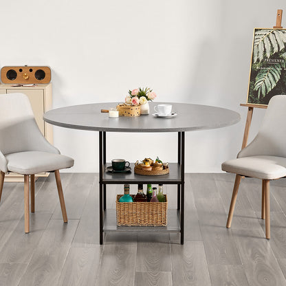Round Dining Table, 47 inch Wood Table for 4-6 Person, Modern Circle Dinner Furniture, Leisure Tables with Storage Shelf and Metal Legs, for Home Kitchen Living Room, Grey (Only Table)