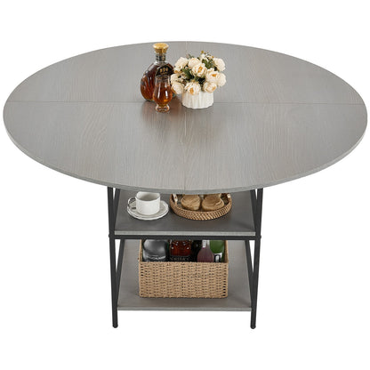Round Dining Table, 47 inch Wood Table for 4-6 Person, Modern Circle Dinner Furniture, Leisure Tables with Storage Shelf and Metal Legs, for Home Kitchen Living Room, Grey (Only Table)