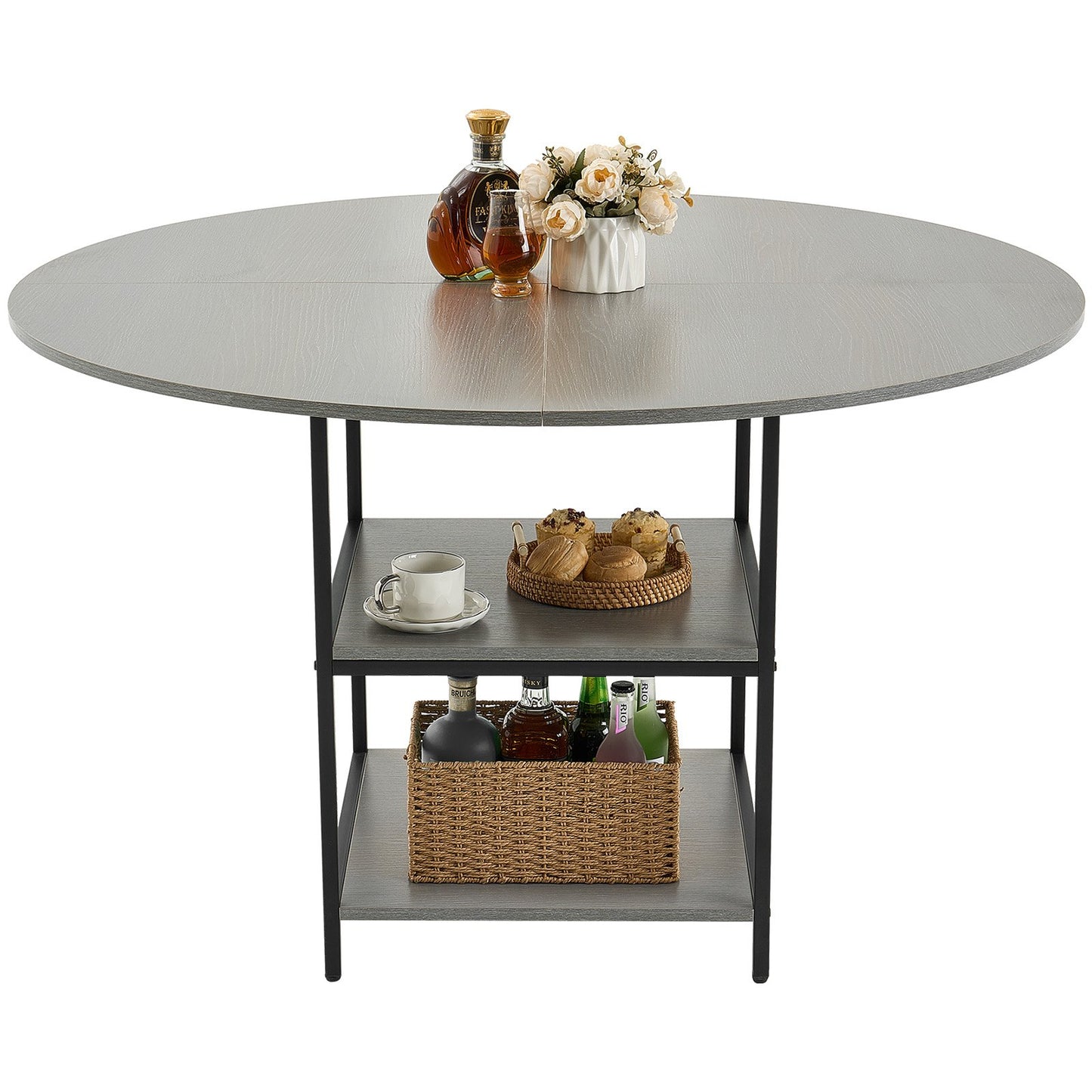 Round Dining Table, 47 inch Wood Table for 4-6 Person, Modern Circle Dinner Furniture, Leisure Tables with Storage Shelf and Metal Legs, for Home Kitchen Living Room, Grey (Only Table)
