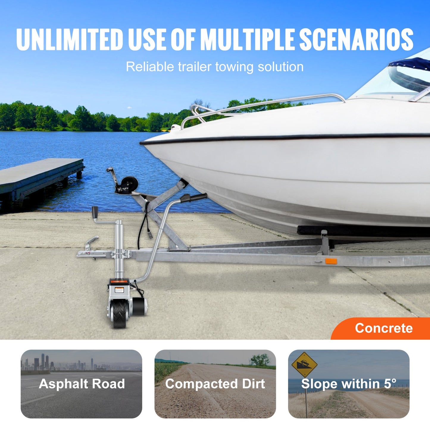 Elektrisk släpvagn, 2268 kg dragkapacitet, 350W 12V släpvagnsstödhjul med 6,7 m/min rörelsehastighet, 30,5 cm-62,9 cm justerbar klämhöjd och 20,3 cm gummidäck, för flytt av släpvagn, husvagn, båt