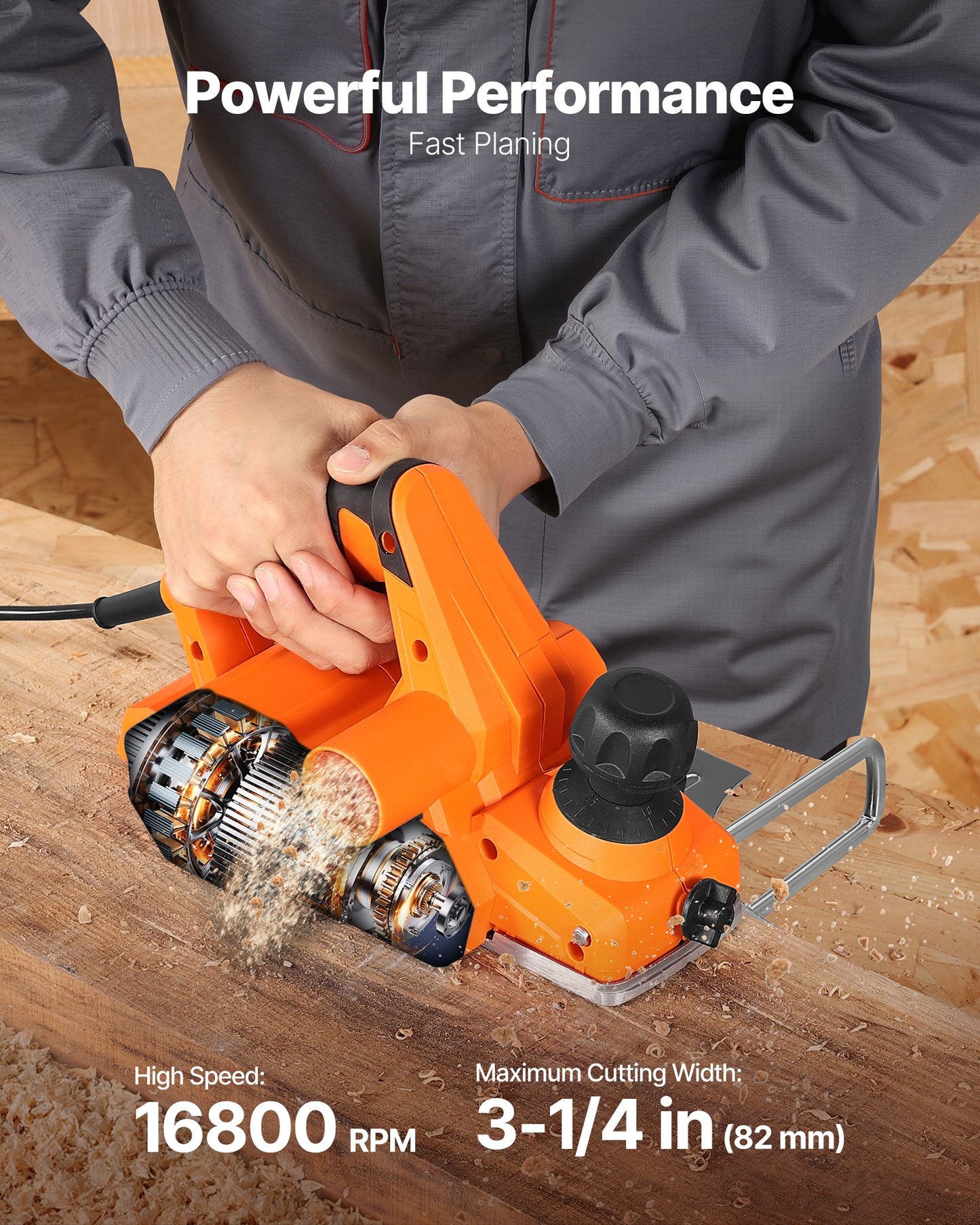 Electric Hand Planer, 82 mm Cut Width, 650W 16800 RPM Corded Power Handheld Planer for Wood, with Adjustable Cut Depth, 2 Blades, for Woodworking Wood Chamfer DIY Smooth Finish Carpentry Tool