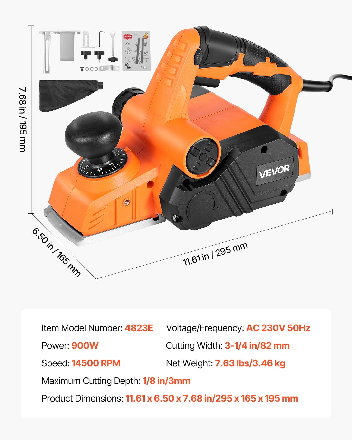 Electric Hand Planer, 82 mm Cut Width, 900W 14500 RPM Corded Power Handheld Planer for Wood, with Adjustable Cut Depth, 2 Blades, for Woodworking Wood Chamfer DIY Smooth Finish Carpentry Tool