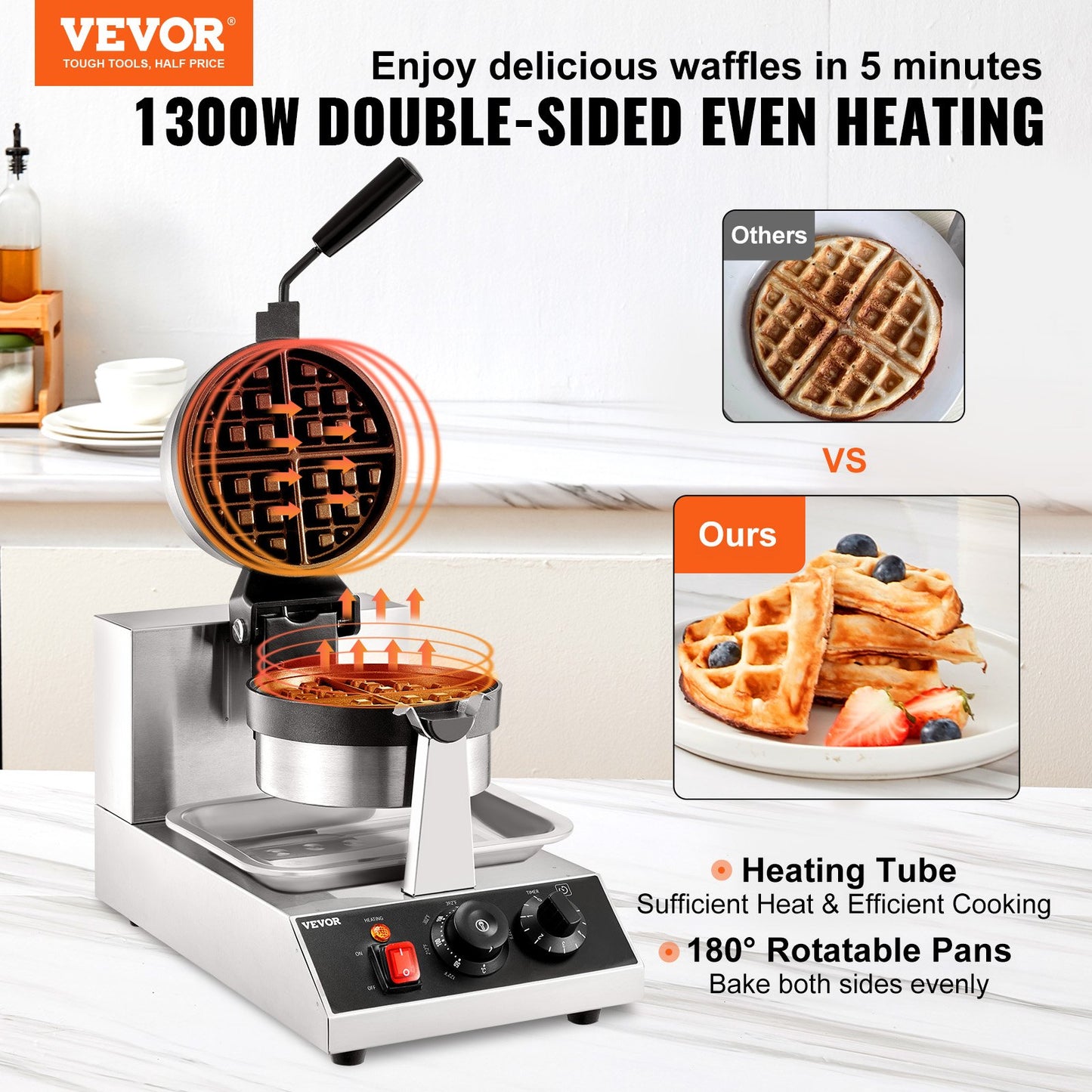 Commerical Round Waffle Maker 1300W Rotatable Non-Stick Waffle Iron 220V