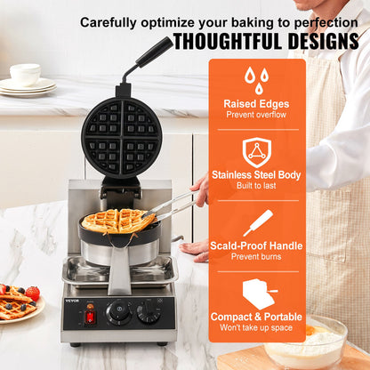 Commerical Round Waffle Maker 1300W Rotatable Non-Stick Waffle Iron 220V