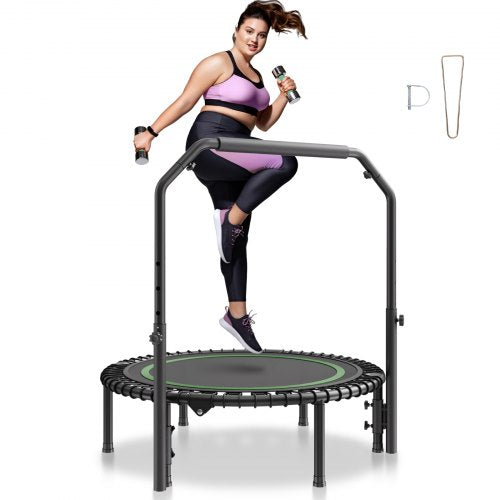 Hopfällbar mini-trampolin, 40 tums fitnessrebounder, maxbelastning 145 kg träningstrampolin, stabil och tyst trampolin med 4 nivåer höjdjusterbart skumhandtag, för vuxna inomhus-/trädgårdsträning