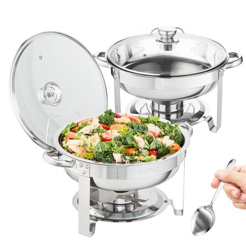 2-Pack Round Chafing Dish Set with Full-Size 3.8L Pan Glass Lid Fuel Holder