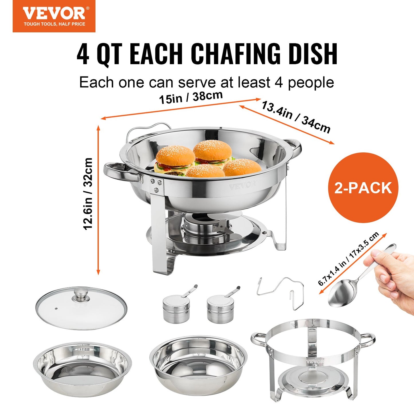 2-Pack Round Chafing Dish Set with Full-Size 3.8L Pan Glass Lid Fuel Holder