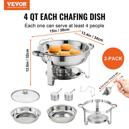 2-Pack Round Chafing Dish Set with Full-Size 3.8L Pan Glass Lid Fuel Holder
