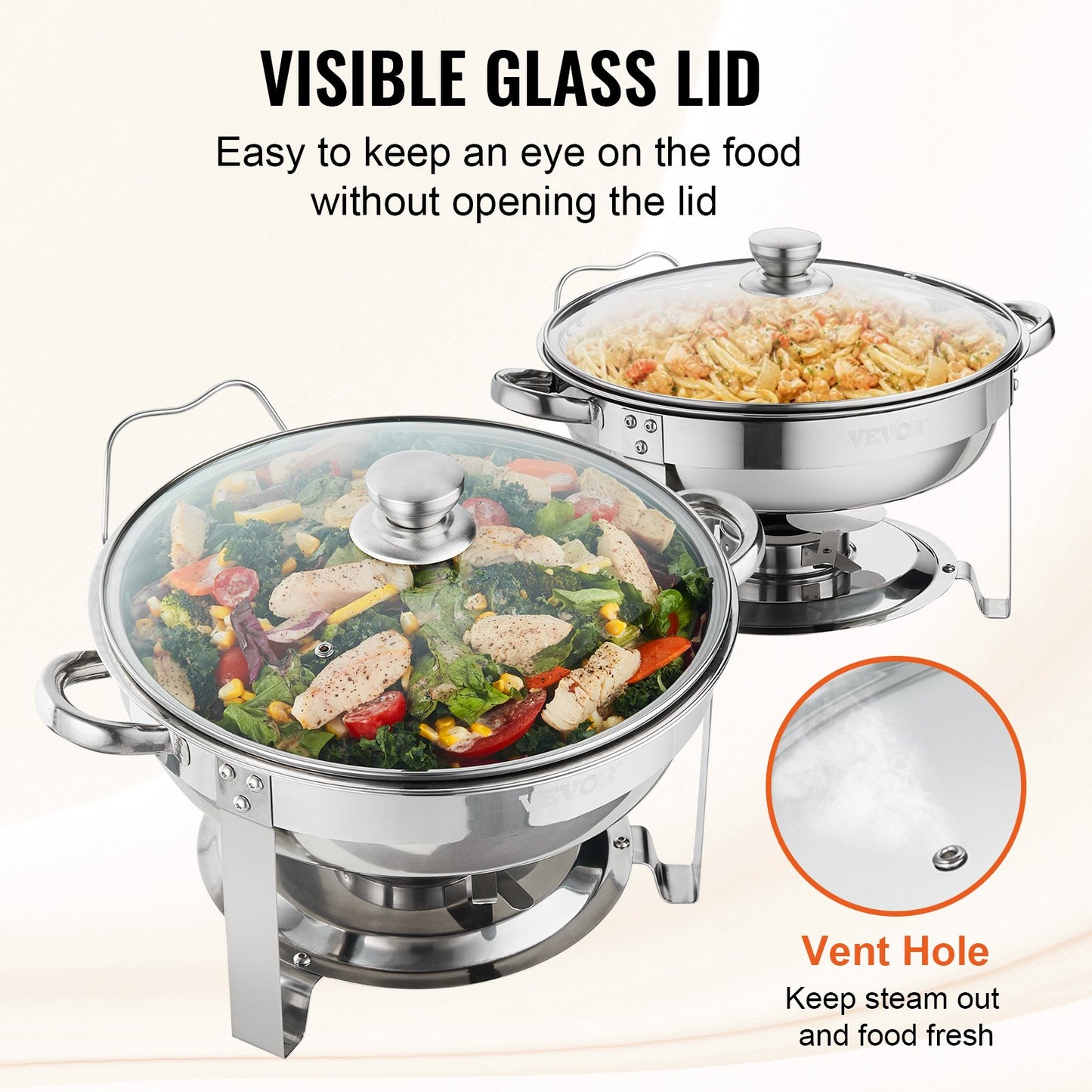 2-Pack Round Chafing Dish Set with Full-Size 3.8L Pan Glass Lid Fuel Holder