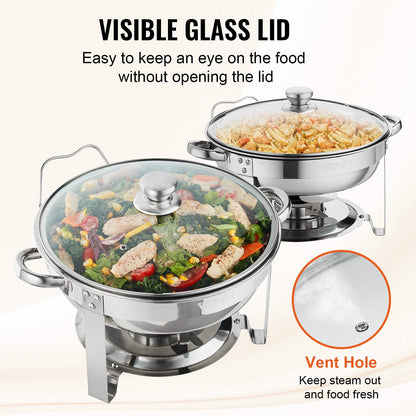 2-Pack Round Chafing Dish Set with Full-Size 3.8L Pan Glass Lid Fuel Holder