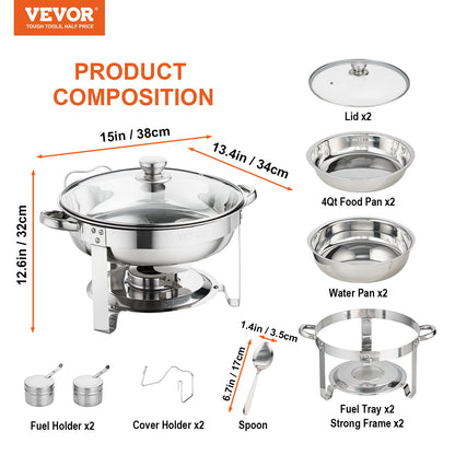 2-Pack Round Chafing Dish Set with Full-Size 3.8L Pan Glass Lid Fuel Holder