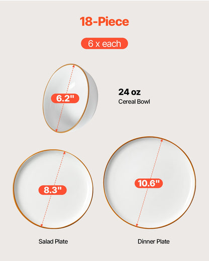 Dinnerware Set, Service for 6 People, Round Plates and Bowls Sets, Scratch Resistant Ceramic Dinner Ware, Dishwasher and Microwave Suitable Kitchen Dishes, for Dessert Salad Soup Pasta, White