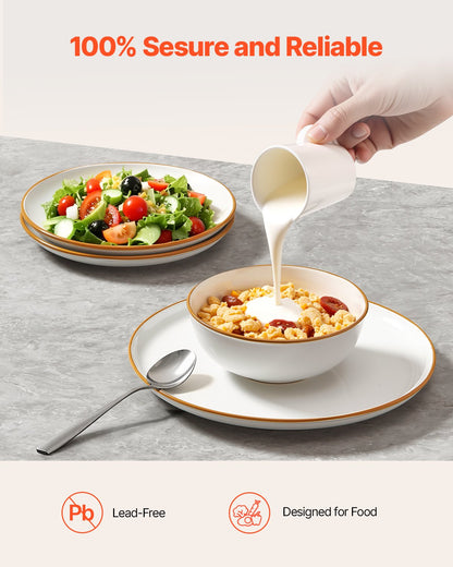 Dinnerware Set, Service for 6 People, Round Plates and Bowls Sets, Scratch Resistant Ceramic Dinner Ware, Dishwasher and Microwave Suitable Kitchen Dishes, for Dessert Salad Soup Pasta, White