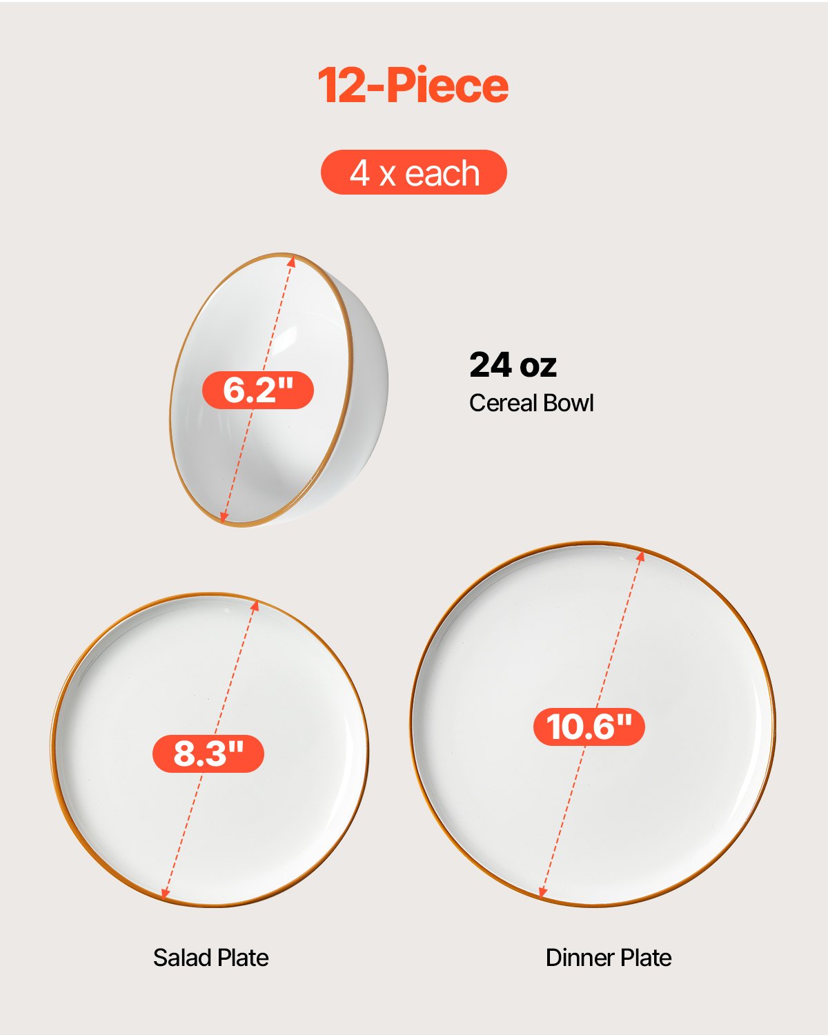 Dinnerware Set, Service for 4 People, Round Plates and Bowls Sets, Scratch Resistant Ceramic Dinner Ware, Dishwasher and Microwave Suitable Kitchen Dishes, for Dessert Salad Soup Pasta, White