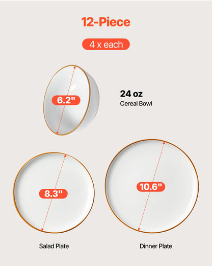 Dinnerware Set, Service for 4 People, Round Plates and Bowls Sets, Scratch Resistant Ceramic Dinner Ware, Dishwasher and Microwave Suitable Kitchen Dishes, for Dessert Salad Soup Pasta, White