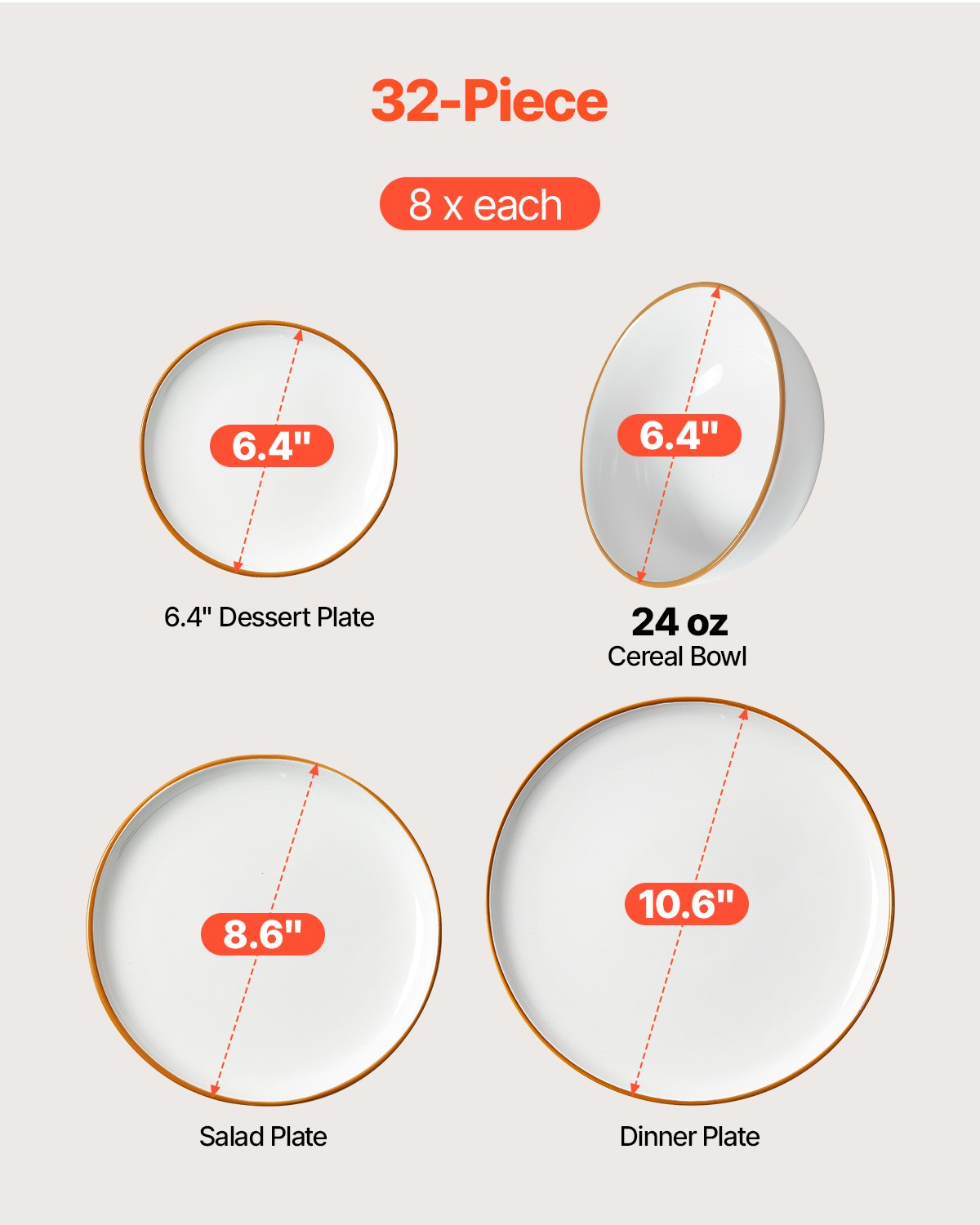 Dinnerware Set, Service for 8 People, Round Plates and Bowls Sets, Scratch Resistant Ceramic Dinner Ware, Dishwasher and Microwave Suitable Kitchen Dishes, for Dessert Salad Soup Pasta, White