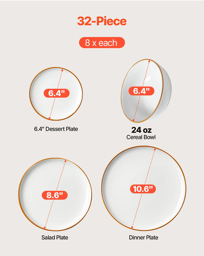 Dinnerware Set, Service for 8 People, Round Plates and Bowls Sets, Scratch Resistant Ceramic Dinner Ware, Dishwasher and Microwave Suitable Kitchen Dishes, for Dessert Salad Soup Pasta, White