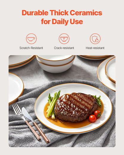 Dinnerware Set, Service for 8 People, Round Plates and Bowls Sets, Scratch Resistant Ceramic Dinner Ware, Dishwasher and Microwave Suitable Kitchen Dishes, for Dessert Salad Soup Pasta, White