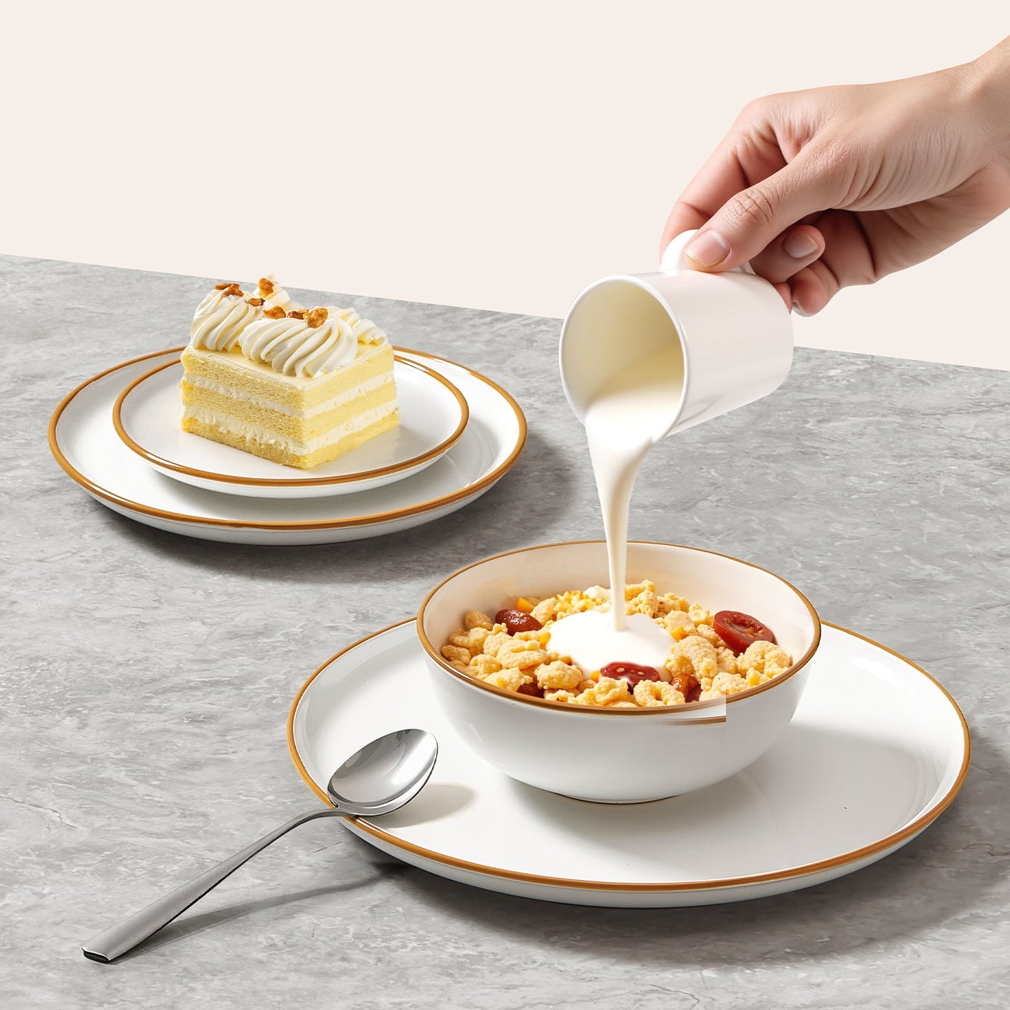 Dinnerware Set, Service for 8 People, Round Plates and Bowls Sets, Scratch Resistant Ceramic Dinner Ware, Dishwasher and Microwave Suitable Kitchen Dishes, for Dessert Salad Soup Pasta, White