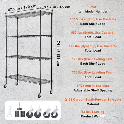 Storage Shelving Unit with Wheels, 4-Tier Adjustable, 700 lbs Capacity, Heavy Duty Garage Shelves Metal Organizer Wire Rack, Black, 47.2" L x 17.7" W x 74" H for Kitchen Pantry Basement Bathroom