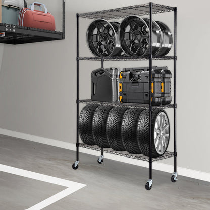 Storage Shelving Unit with Wheels, 4-Tier Adjustable, 700 lbs Capacity, Heavy Duty Garage Shelves Metal Organizer Wire Rack, Black, 47.2" L x 17.7" W x 74" H for Kitchen Pantry Basement Bathroom