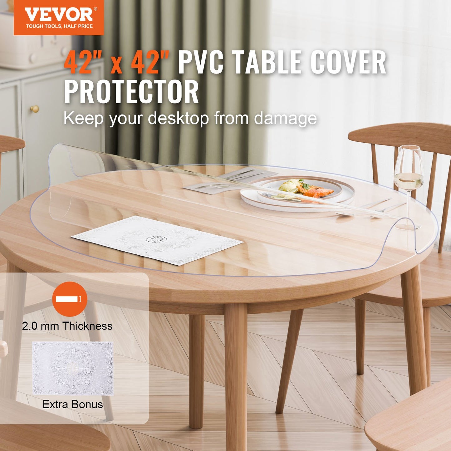 Plastic Table Cover, 42 x 42 Inch 2.0 mm Thick Clear Table Protector, Round PVC Desk Mat, Waterproof & Easy Cleaning Desk Pad Tablecloth, for Office Dresser Dining Room Table Night Stand