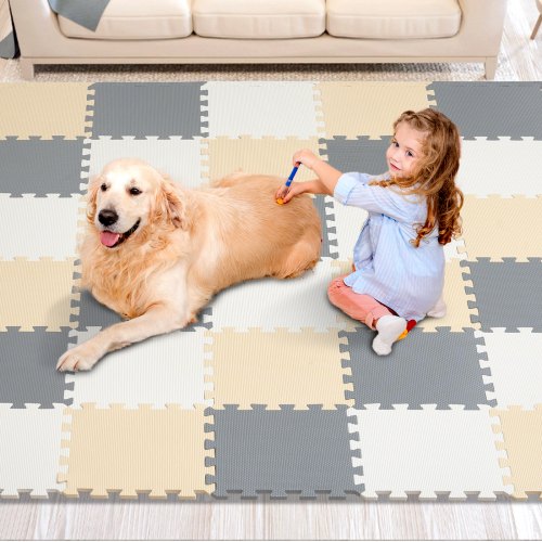 36 Tiles Kids Play Mat, 0.4 Inch Toddler Play Mat with EVA Foam, 12" x 12" Puzzle Play Mat with 36 sq.ft Coverage, Interlocking Toddler Mats for Play Room, Nursery, Living Room, Camel&Gray&Beige