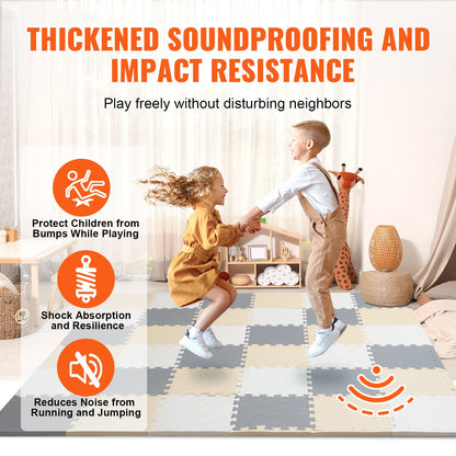 36 Tiles Kids Play Mat, 0.4 Inch Toddler Play Mat with EVA Foam, 12" x 12" Puzzle Play Mat with 36 sq.ft Coverage, Interlocking Toddler Mats for Play Room, Nursery, Living Room, Camel&Gray&Beige