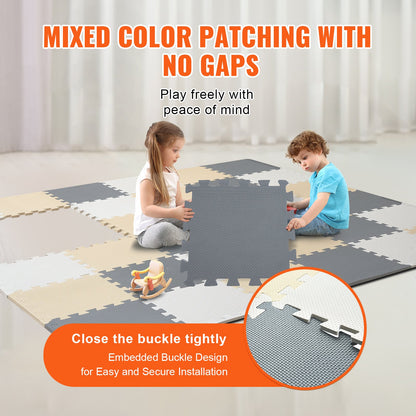 36 Tiles Kids Play Mat, 0.4 Inch Toddler Play Mat with EVA Foam, 12" x 12" Puzzle Play Mat with 36 sq.ft Coverage, Interlocking Toddler Mats for Play Room, Nursery, Living Room, Camel&Gray&Beige