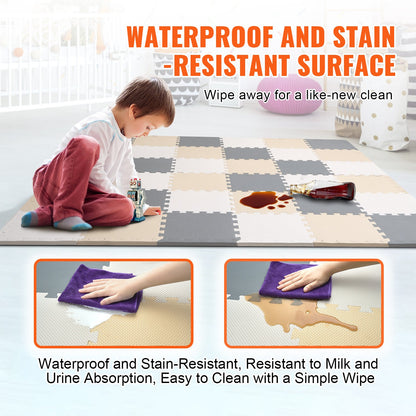 36 Tiles Kids Play Mat, 0.4 Inch Toddler Play Mat with EVA Foam, 12" x 12" Puzzle Play Mat with 36 sq.ft Coverage, Interlocking Toddler Mats for Play Room, Nursery, Living Room, Camel&Gray&Beige