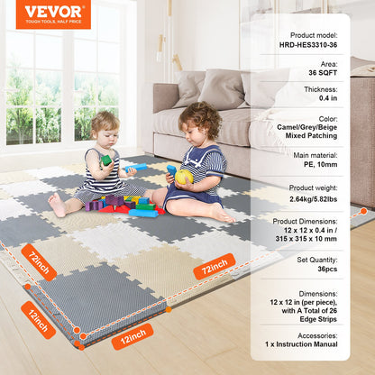 36 Tiles Kids Play Mat, 0.4 Inch Toddler Play Mat with EVA Foam, 12" x 12" Puzzle Play Mat with 36 sq.ft Coverage, Interlocking Toddler Mats for Play Room, Nursery, Living Room, Camel&Gray&Beige
