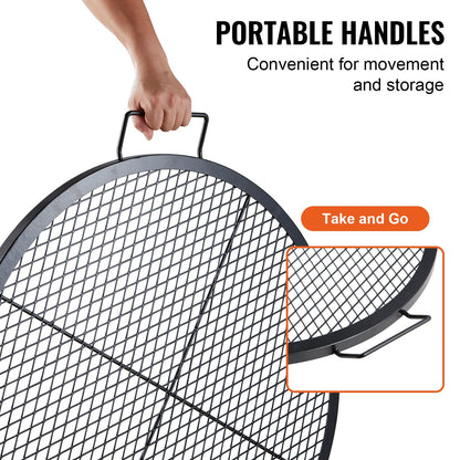 X-Marks eldstadsgrillgaller, runt matlagningsgaller, kraftigt stålgrillgaller för lägereld med handtag och stöd X-tråd, bärbart campingkokkärl för utomhusfester och sammankomster, 30 tum svart