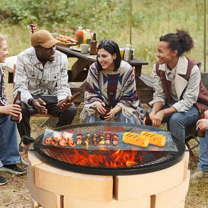X-Marks eldstadsgrillgaller, runt matlagningsgaller, kraftigt stålgrillgaller för lägereld med handtag och stöd X-tråd, bärbart campingkokkärl för utomhusfester och sammankomster, 30 tum svart