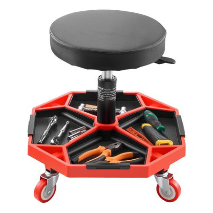 Rolling Mechanic Stool with Wheels, 300 lbs Capacity Garage Seat/Work Stool, Adjustable Height (16.5-21.7 in) Roller Creeper Seat with Tool Tray, for Garage, Shop & Auto Repair, Black+Red