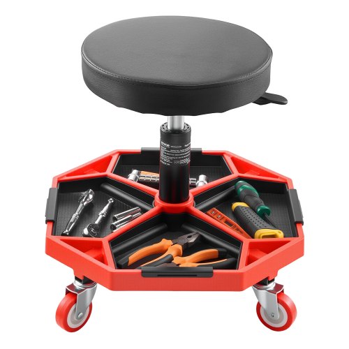 Rolling Mechanic Stool with Wheels, 300 lbs Capacity Garage Seat/Work Stool, Adjustable Height (16.5-21.7 in) Roller Creeper Seat with Tool Tray, for Garage, Shop & Auto Repair, Black+Red