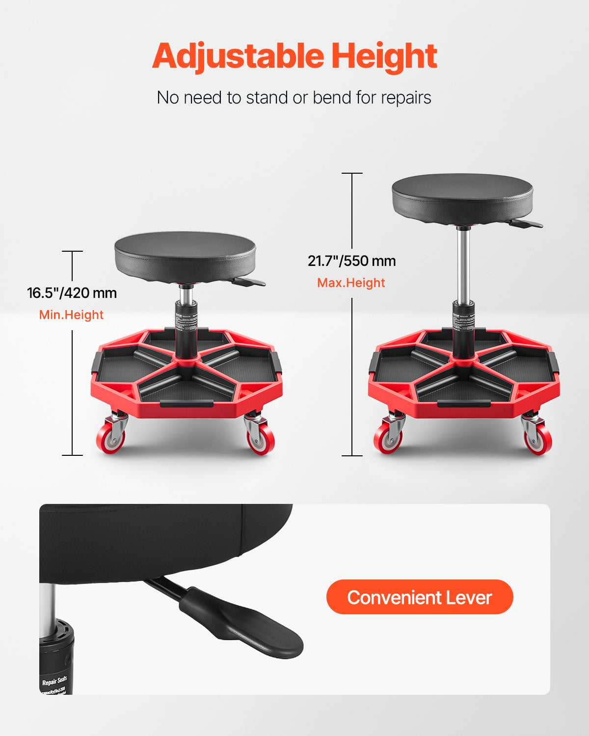 Rolling Mechanic Stool with Wheels, 300 lbs Capacity Garage Seat/Work Stool, Adjustable Height (16.5-21.7 in) Roller Creeper Seat with Tool Tray, for Garage, Shop & Auto Repair, Black+Red
