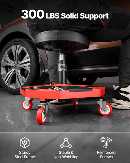 Rolling Mechanic Stool with Wheels, 300 lbs Capacity Garage Seat/Work Stool, Adjustable Height (16.5-21.7 in) Roller Creeper Seat with Tool Tray, for Garage, Shop & Auto Repair, Black+Red