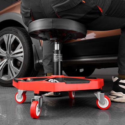 Rolling Mechanic Stool with Wheels, 300 lbs Capacity Garage Seat/Work Stool, Adjustable Height (16.5-21.7 in) Roller Creeper Seat with Tool Tray, for Garage, Shop & Auto Repair, Black+Red