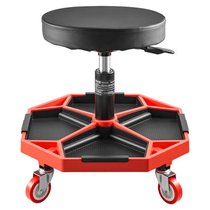 Rolling Mechanic Stool with Wheels, 300 lbs Capacity Garage Seat/Work Stool, Adjustable Height (16.5-21.7 in) Roller Creeper Seat with Tool Tray, for Garage, Shop & Auto Repair, Black+Red