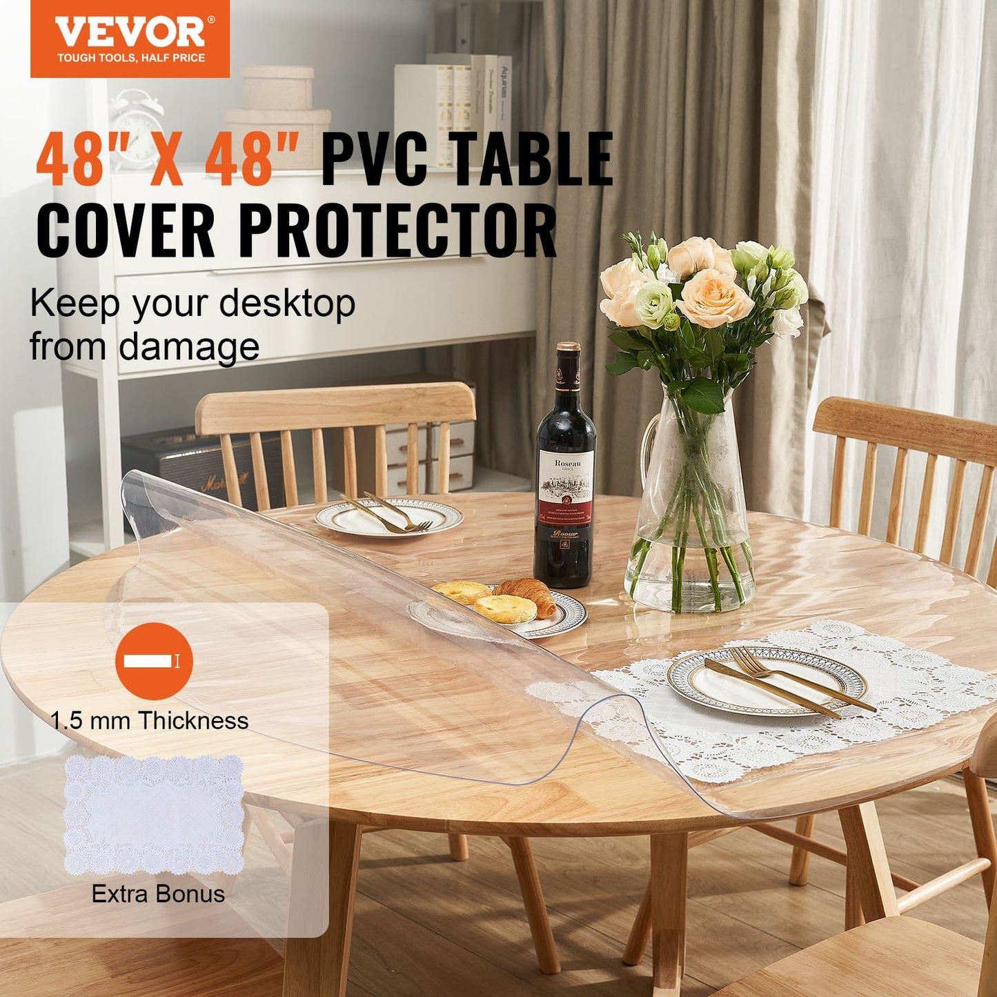 Clear Table Cover Protector, 48 inch/1230 mm Round Table Cover, 1.5 mm Thick PVC Plastic Tablecloth, Waterproof Desktop Protector for Writing Desk, Coffee Table, Dining Room Table